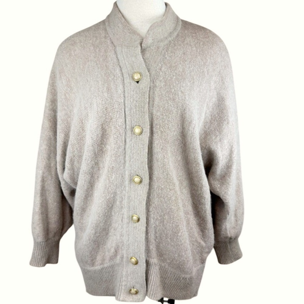 Vintage 80s BELLDINI Angora Cardigan|L|Taupe Pearl Gold Buttons Batwing Fuzzy